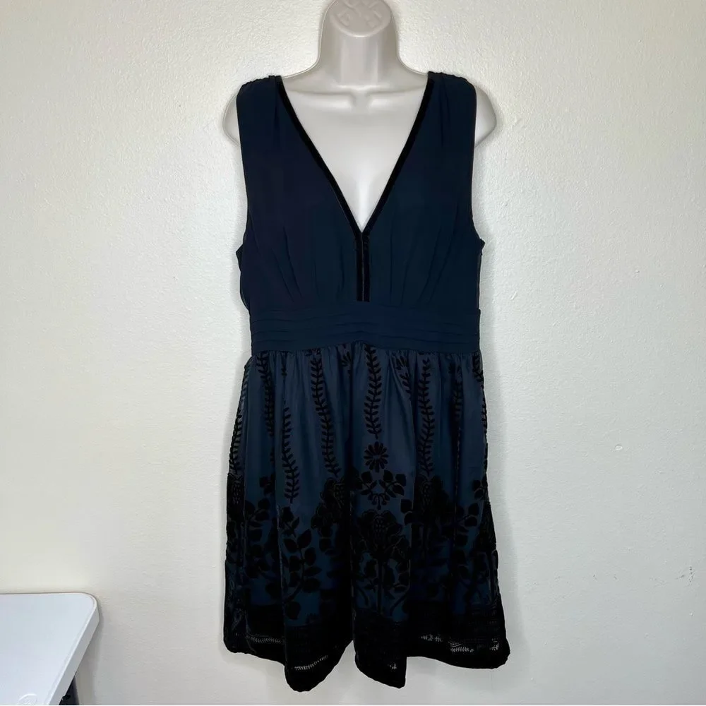 H&M Conscious Collection Deep V Black Burnout Velvet A Line Cocktail Dress 14
